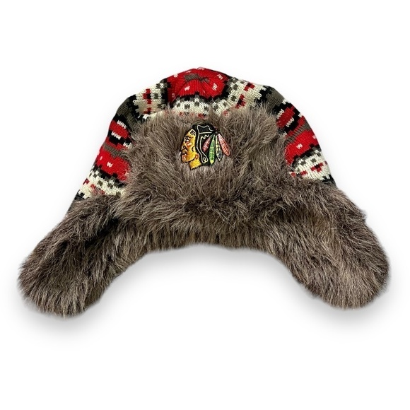 Reebok NHL Chicago Blackhawks Trapper Hat Faux Fur Nordic Print Knit One Size - Picture 1 of 11